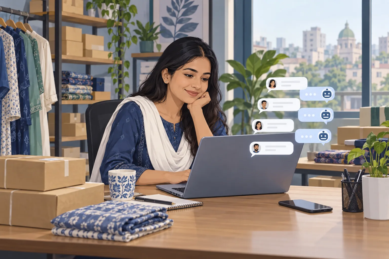 Bangladeshi shop owner watching automated Facebook messages being answered on a laptop