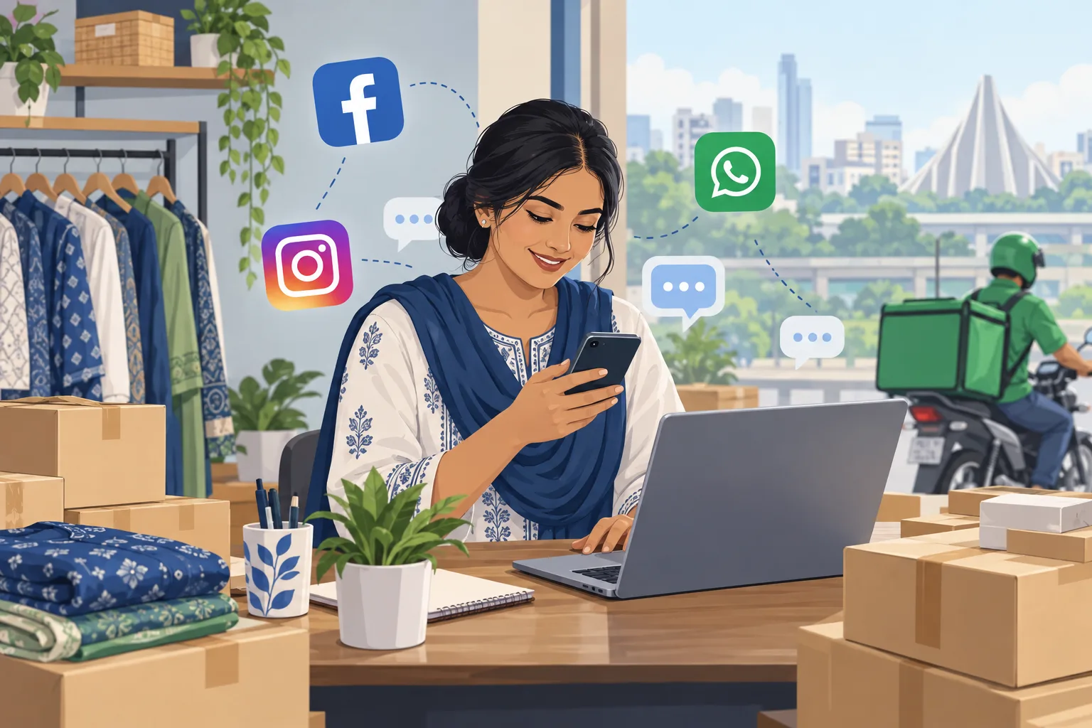 Bangladeshi shop owner managing f-commerce sales from phone and laptop with social media icons and parcels.