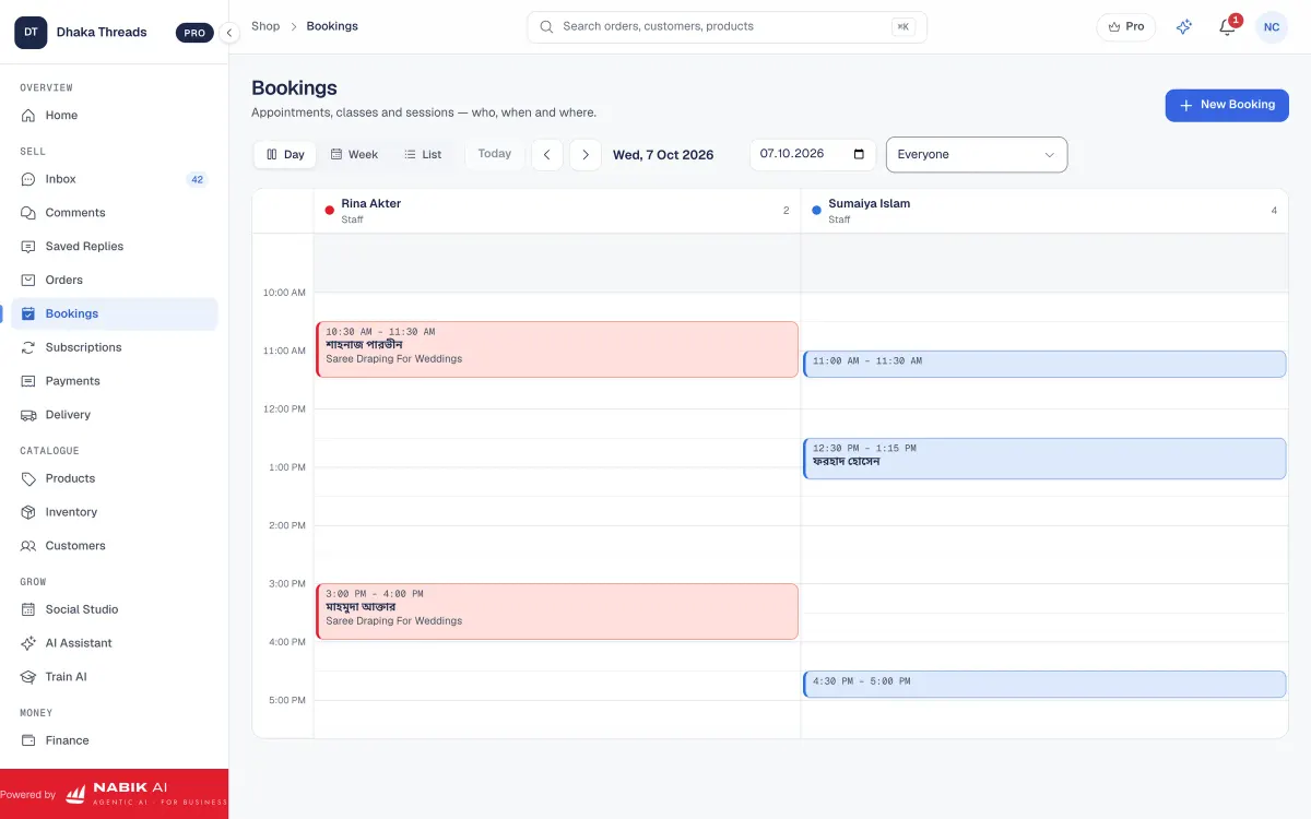Nabik.ai bookings: the day’s appointments per staff member