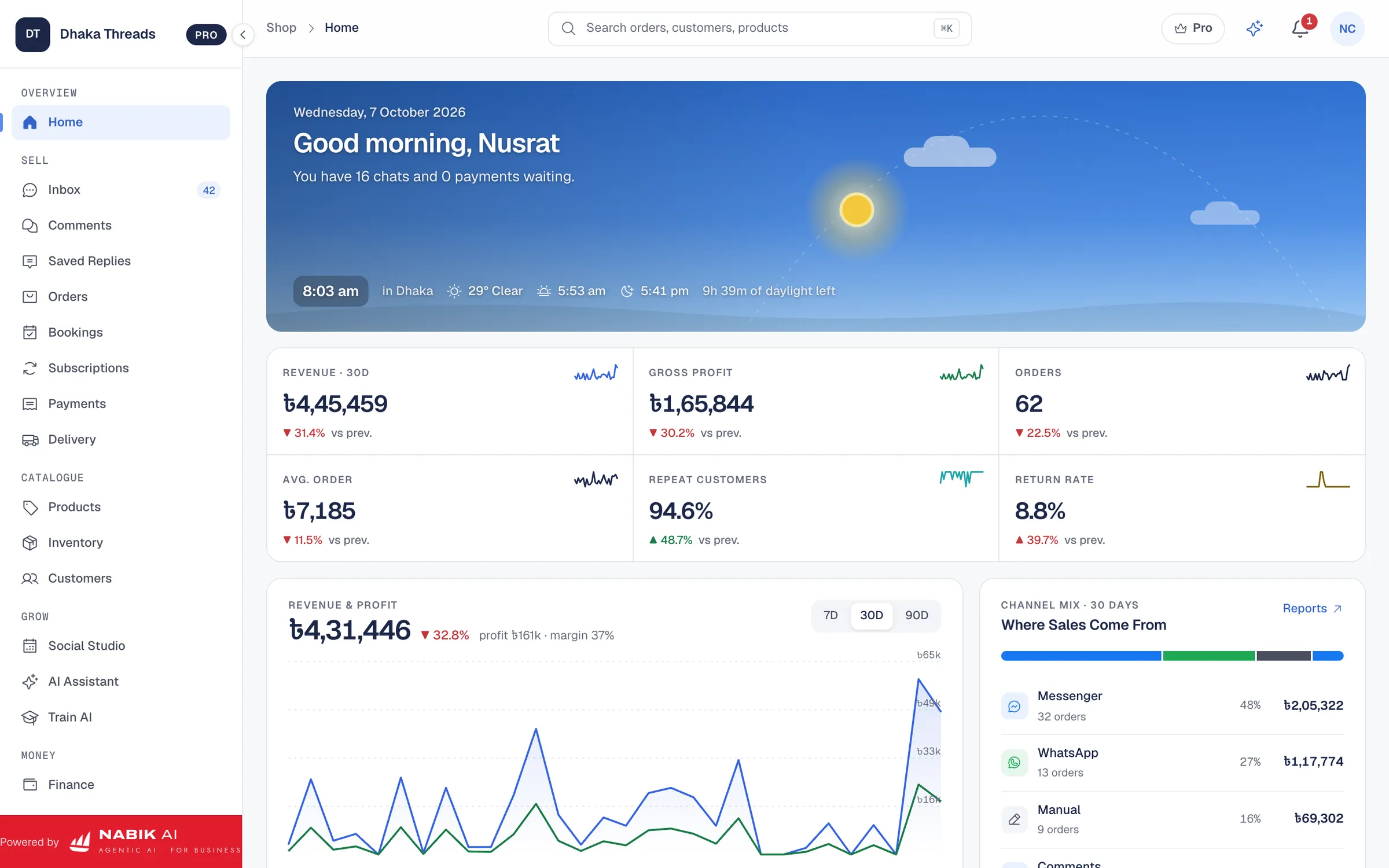 Nabik.ai home screen: revenue, gross profit, orders and where sales come from
