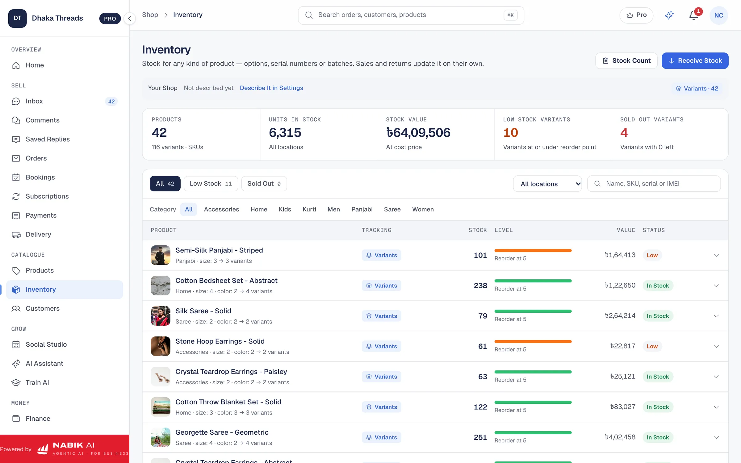 Nabik.ai inventory: stock per variant, low-stock alerts and stock value