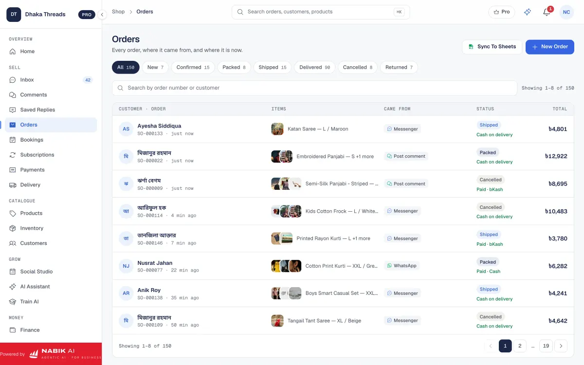 Nabik.ai orders: every order with its source channel, status and cash on delivery