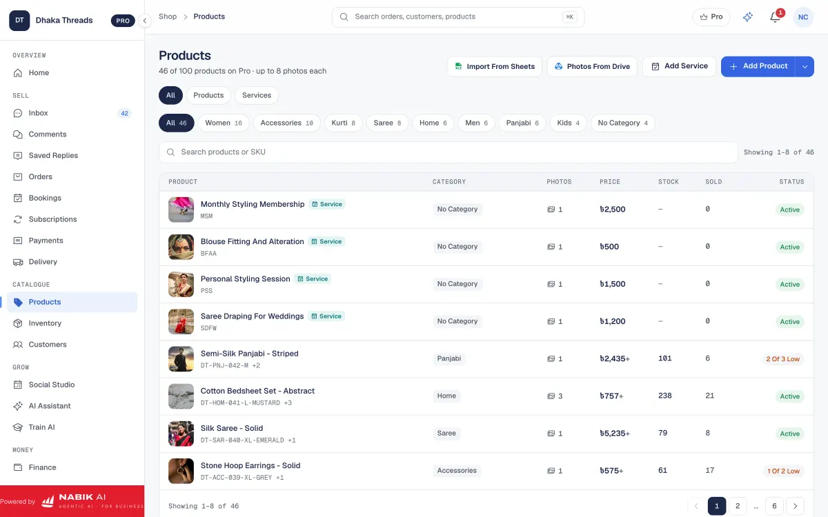Nabik.ai products: catalogue with photos, prices, stock and sales