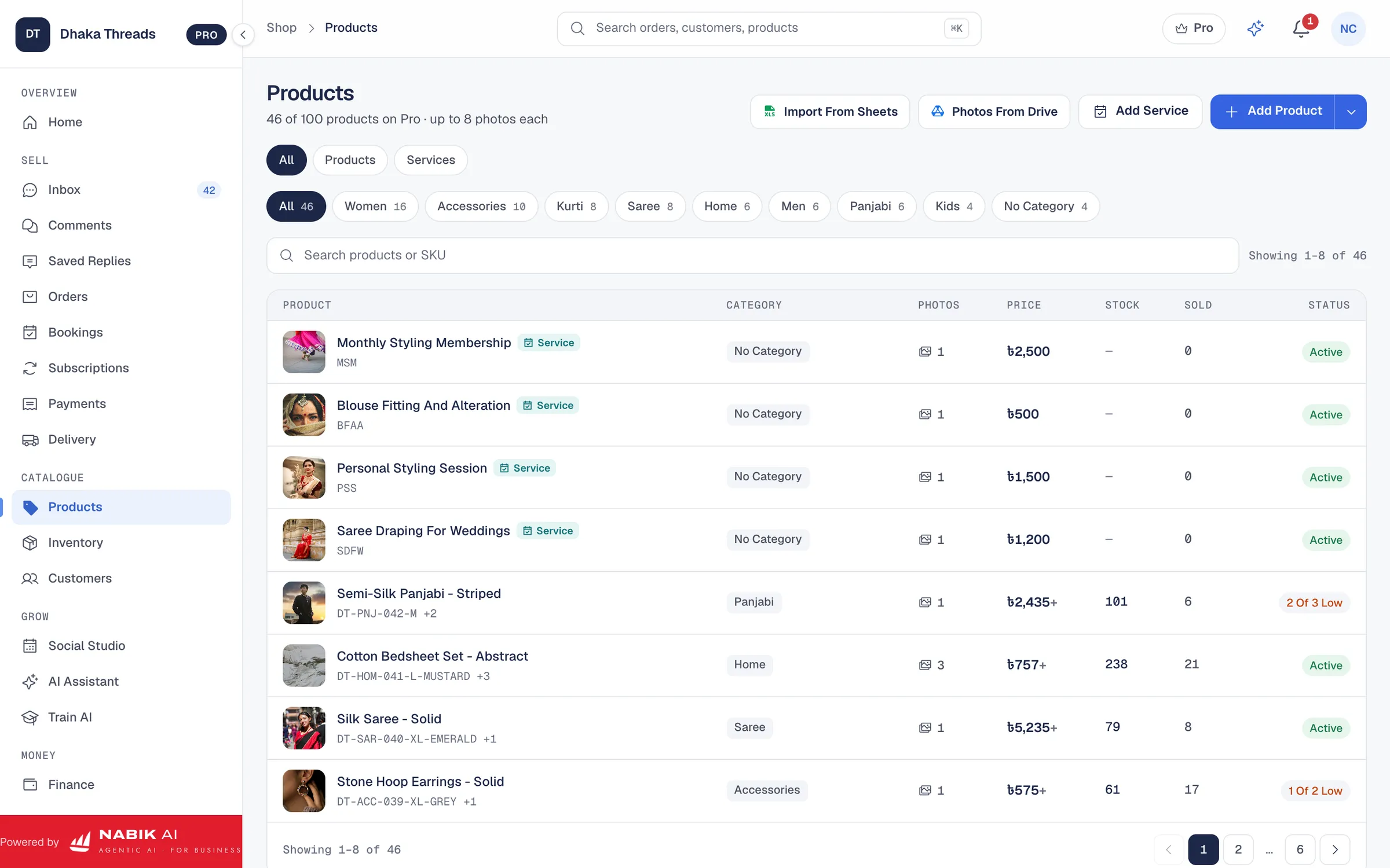 Nabik.ai products: catalogue with photos, prices, stock and sales
