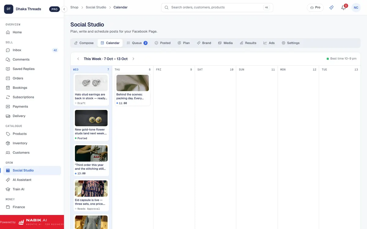 Nabik.ai Social Studio: the week’s scheduled Facebook and Instagram posts