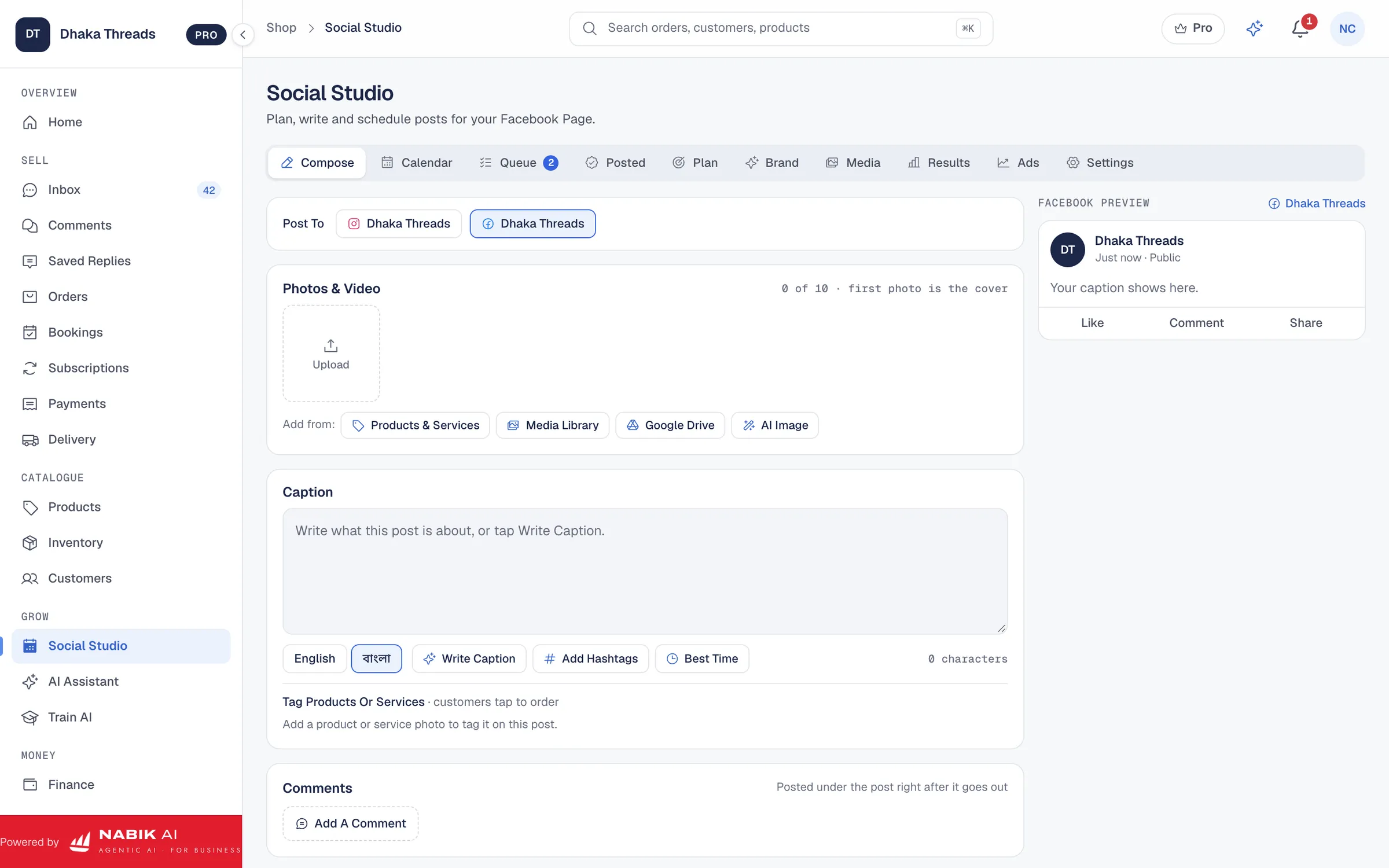 Nabik.ai Social Studio: writing a post with photos, AI captions and comments