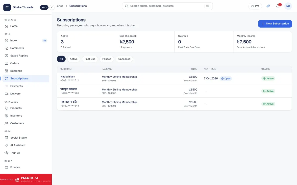 Nabik.ai subscriptions: recurring packages, who pays and when it is due